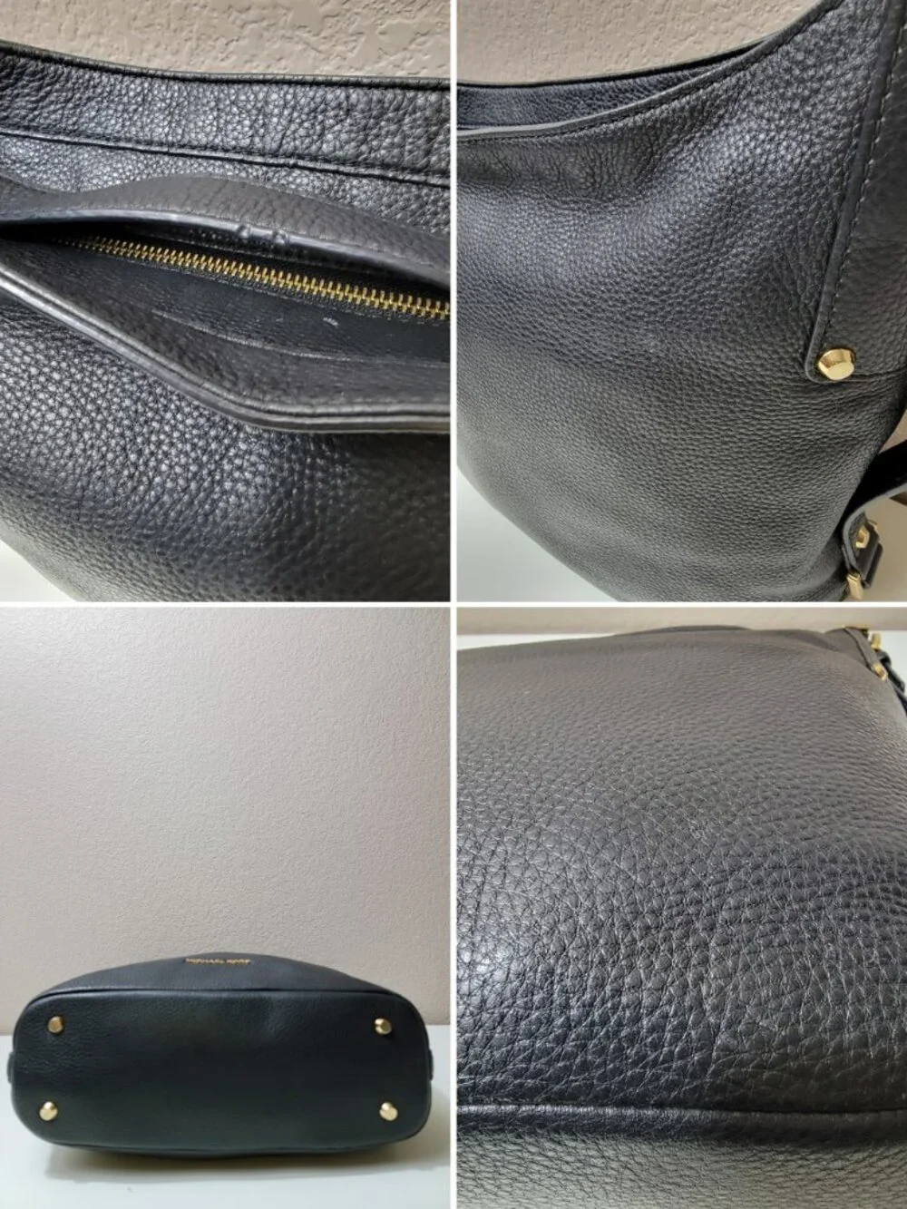Michael Kors Bedford Large Black Pebbled Leather Hobo Shoulder Bag Gold Hardware
